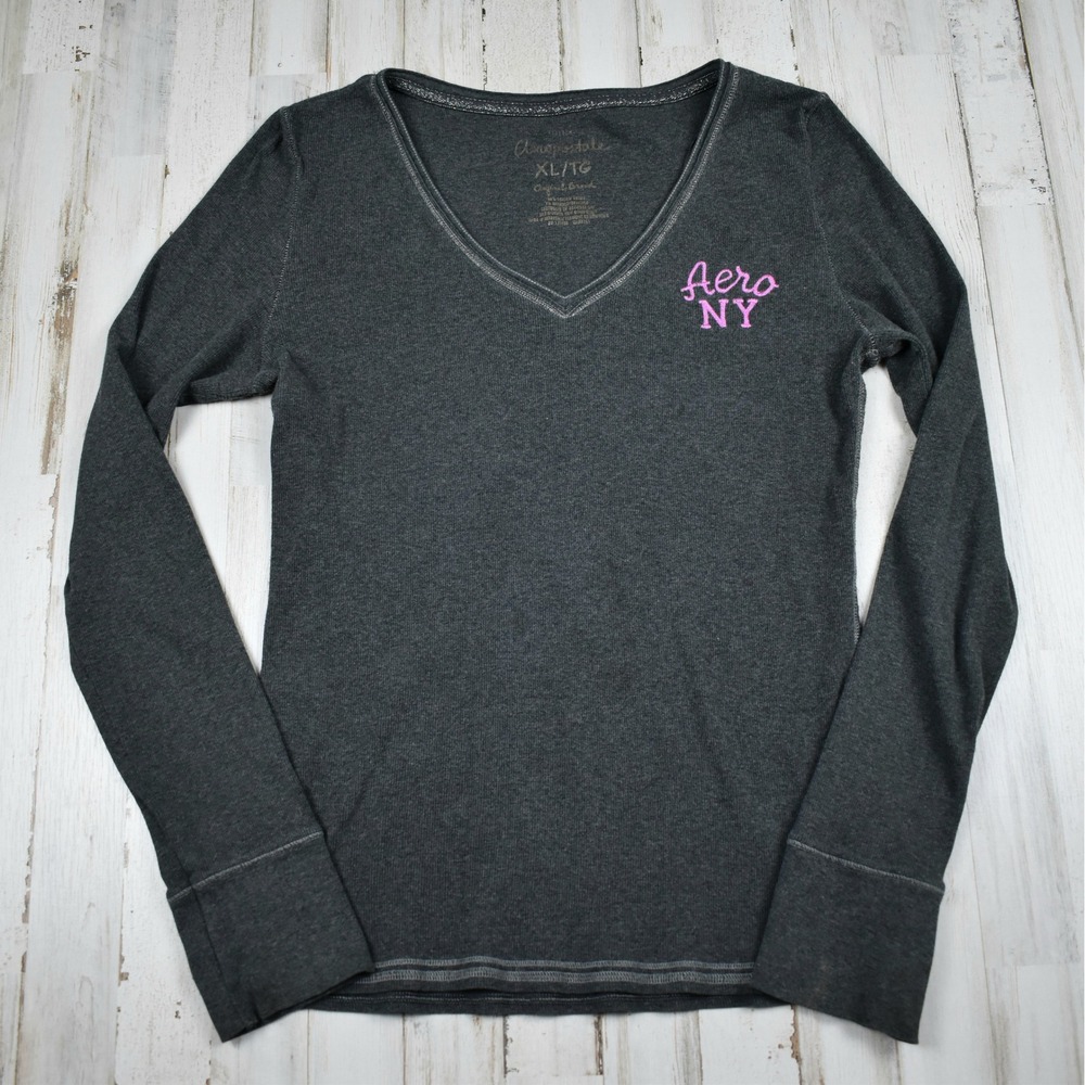 Aeropostale Thermal Top Womens XL Gray V-Neck Long Sleeve Ribbed Knit Shirt Y2K